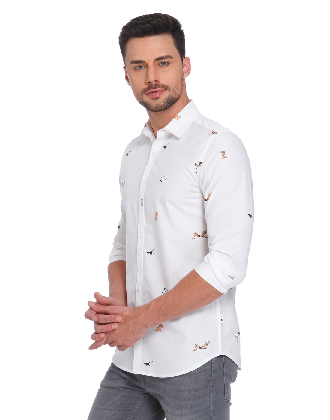 White Seagull Printed Slim Fit Shirt