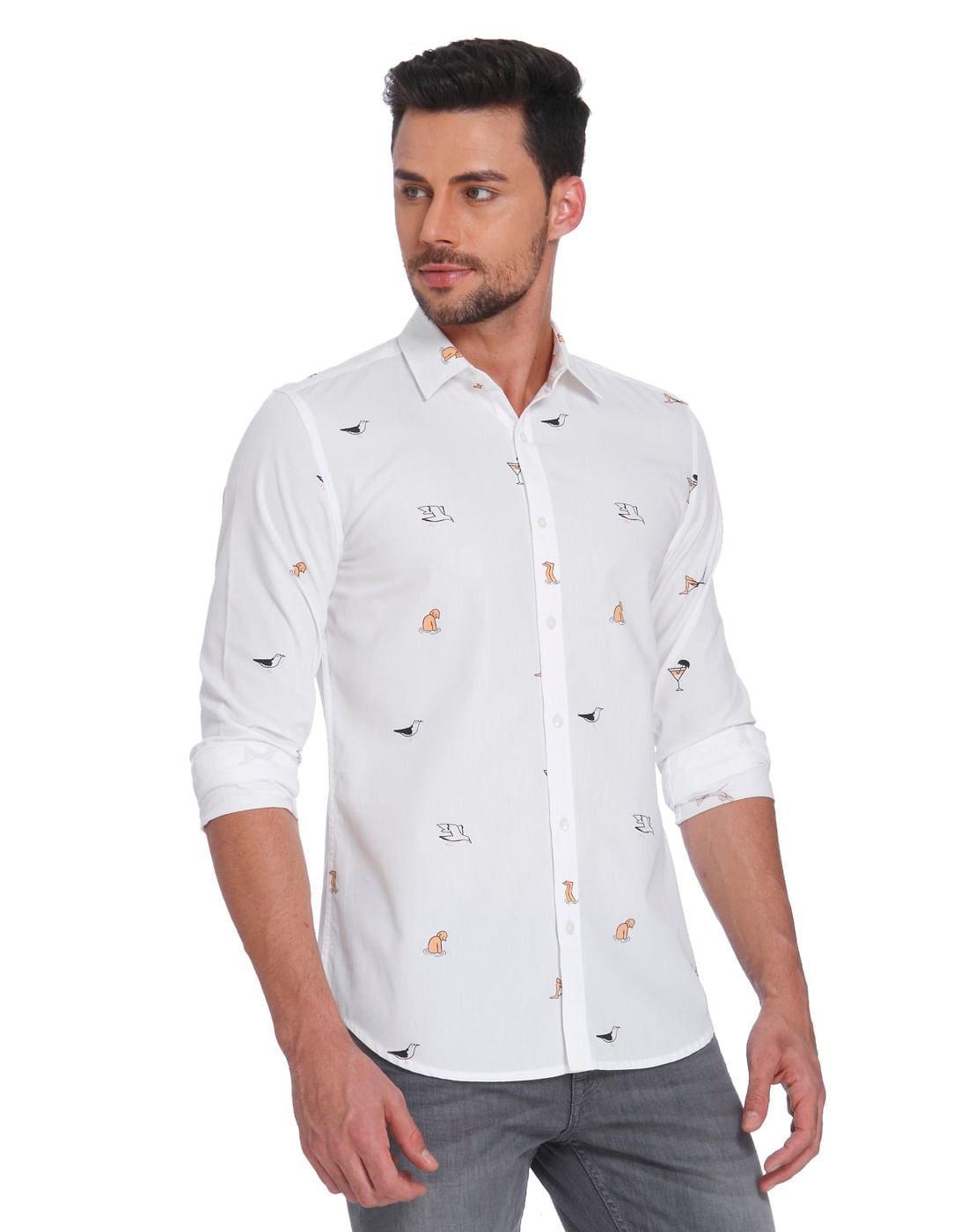 White Seagull Printed Slim Fit Shirt