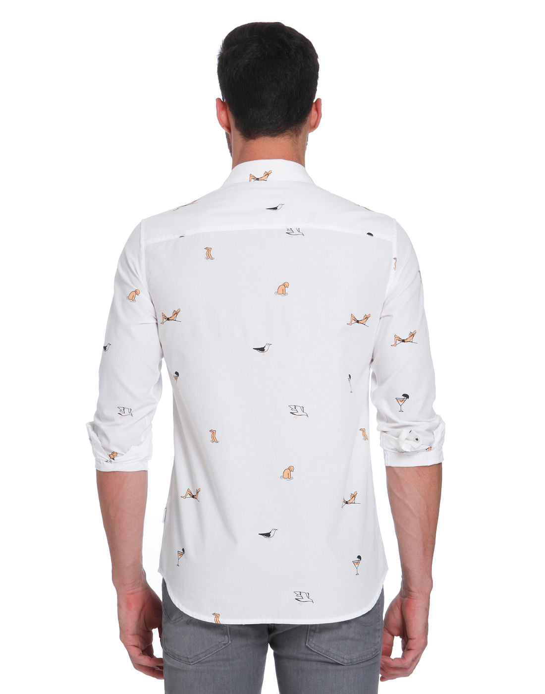 White Seagull Printed Slim Fit Shirt