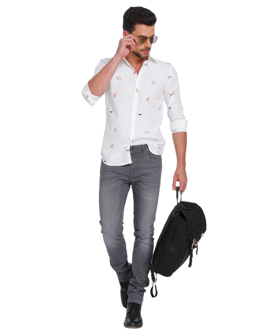White Seagull Printed Slim Fit Shirt