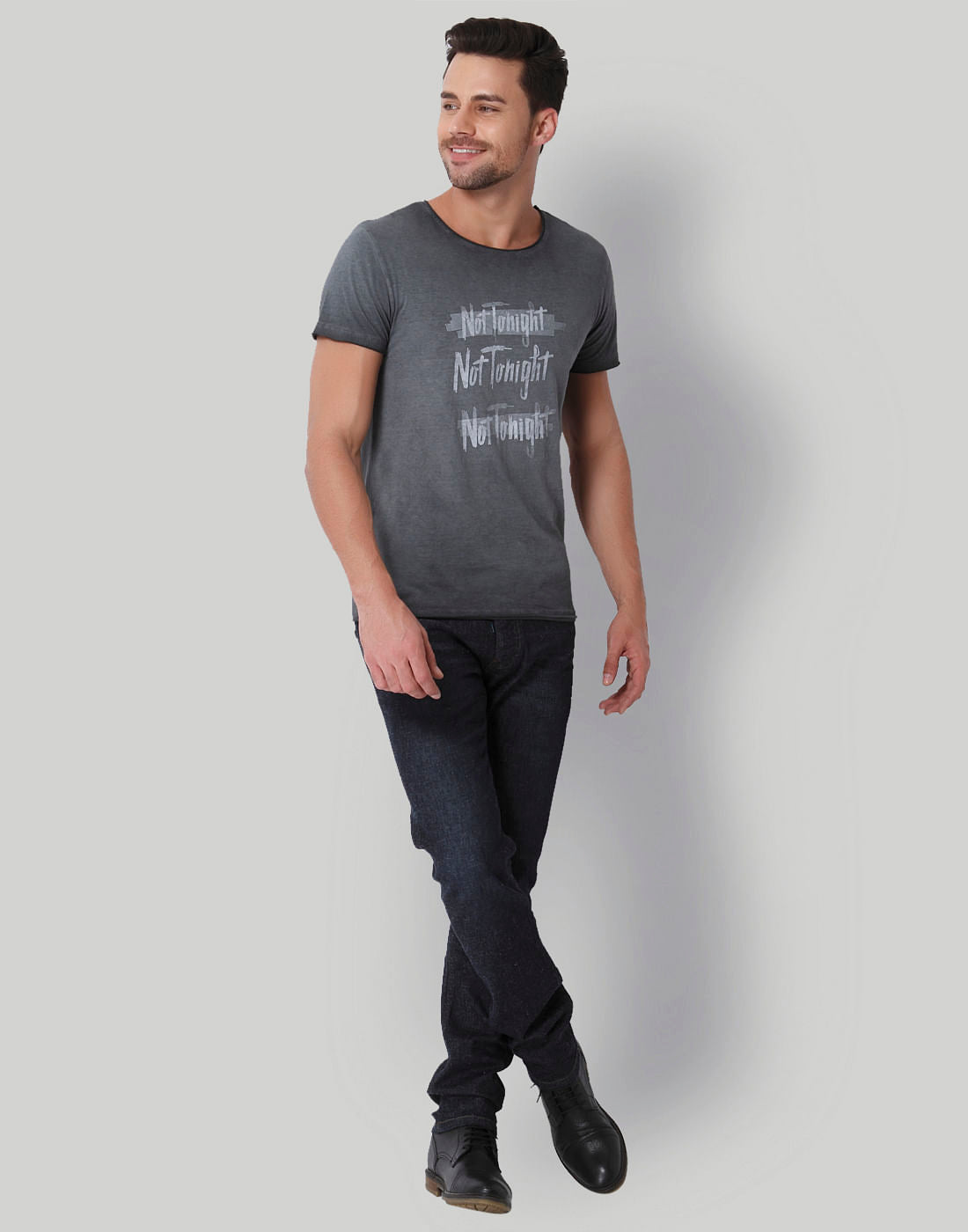 Grey Text Print Crew Neck T-Shirt
