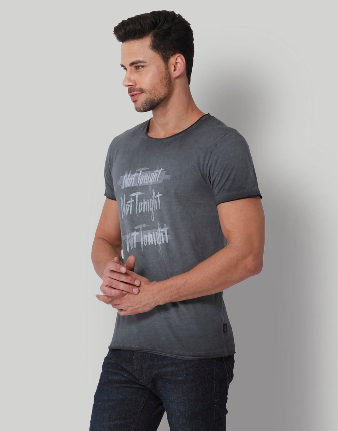 Grey Text Print Crew Neck T-Shirt