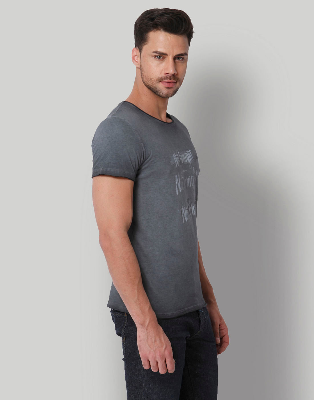 Grey Text Print Crew Neck T-Shirt