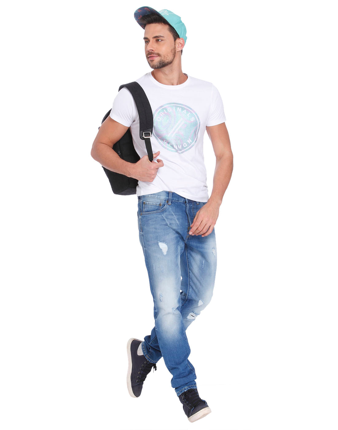 White Tiger & Floral Print Polo Neck T-Shirt