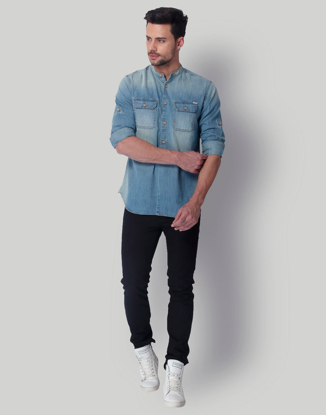 Blue Mandarin Collar Denim Shirt