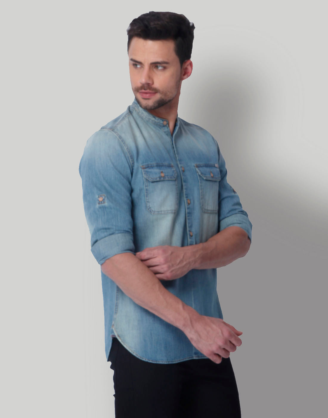 Blue Mandarin Collar Denim Shirt