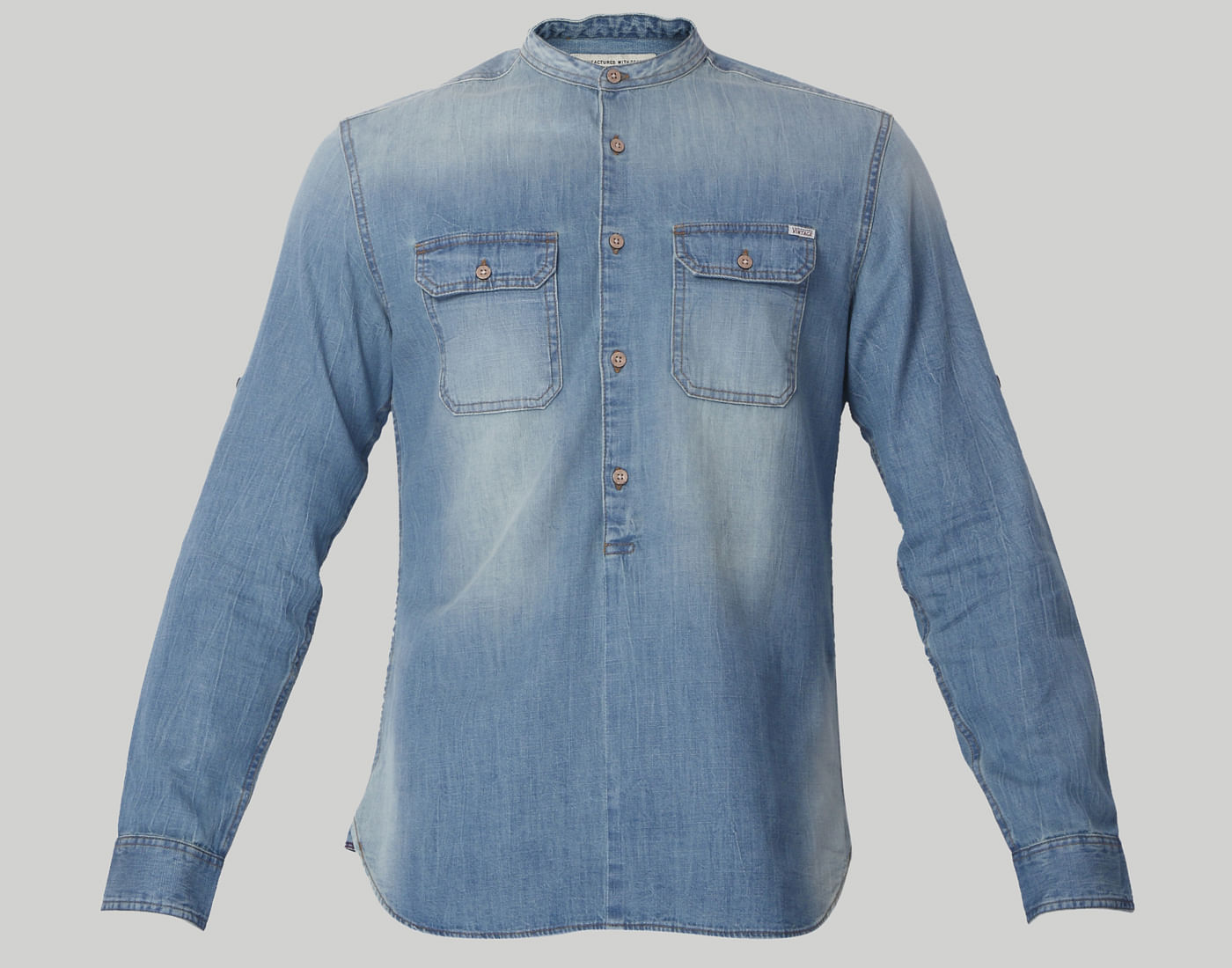 Blue Mandarin Collar Denim Shirt