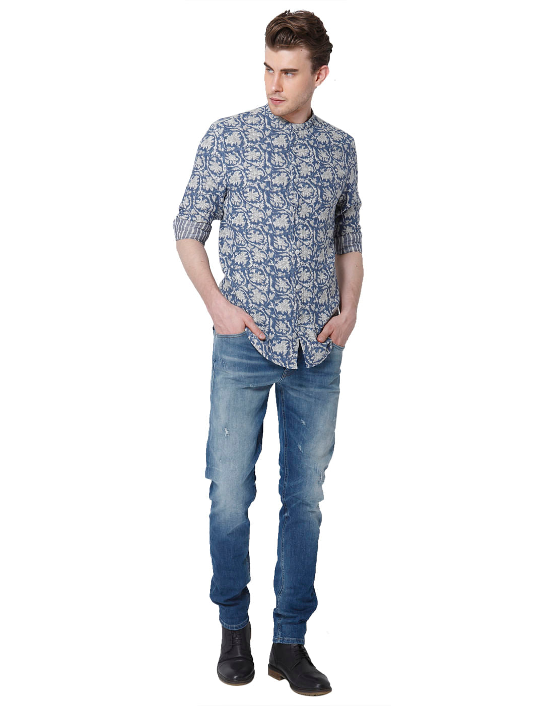 Blue Printed Mandarin Collar Shirt