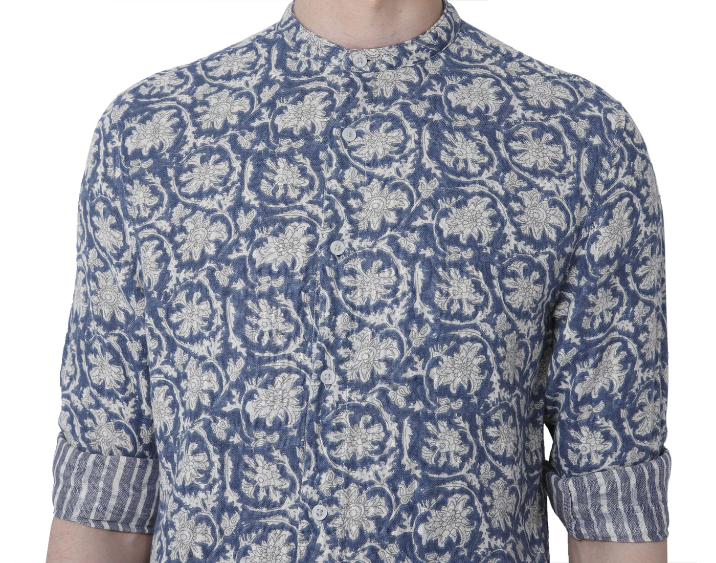 Blue Printed Mandarin Collar Shirt