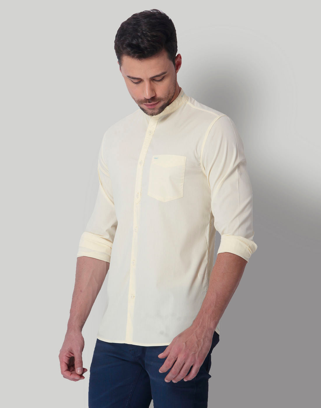 Lemon Yellow Mandarin Collar Slim Fit Shirt