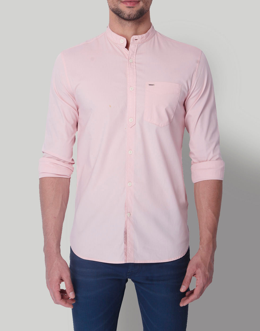 Pink Mandarin Collar Slim Fit Shirt