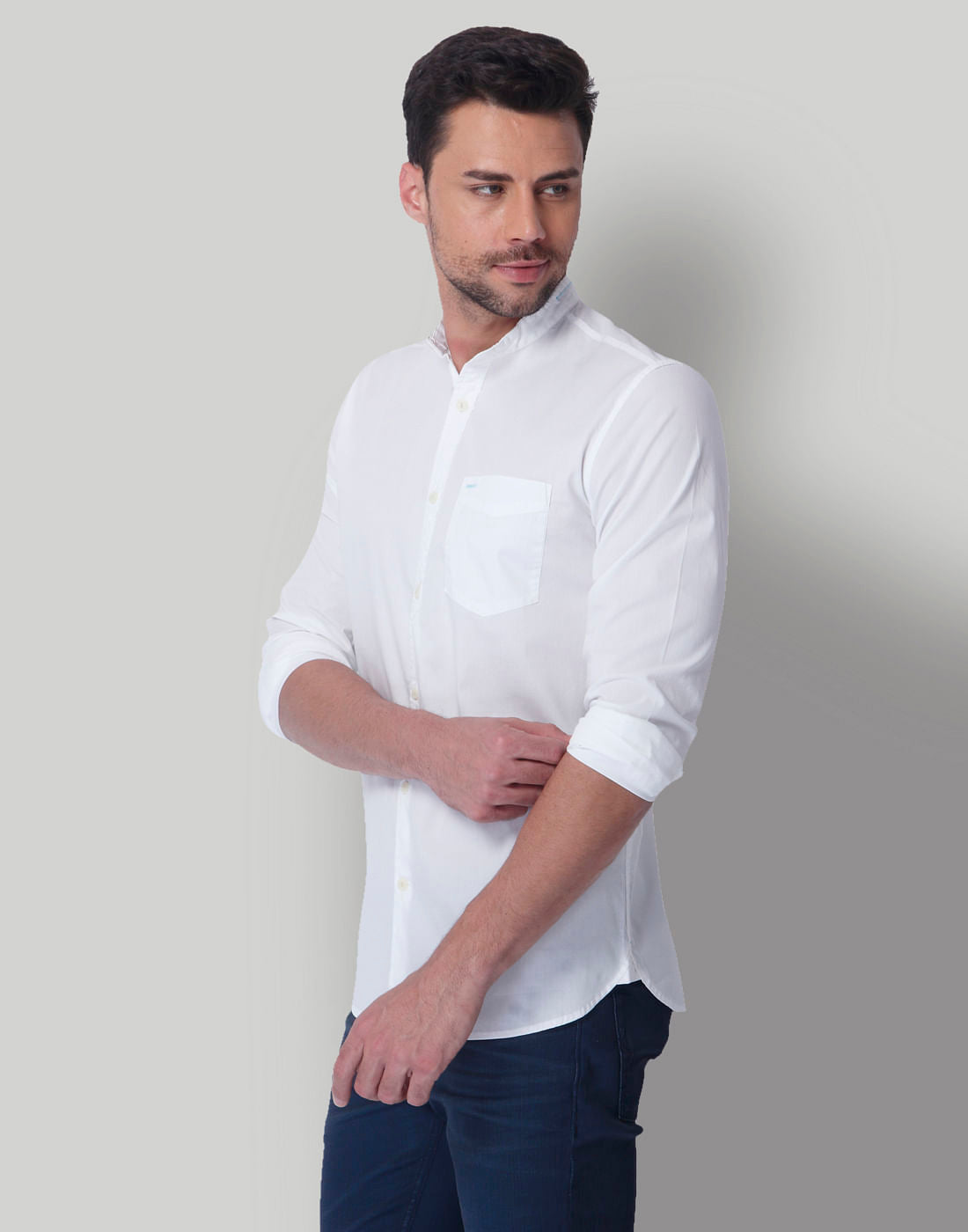 White Mandarin Collar Slim Fit Shirt