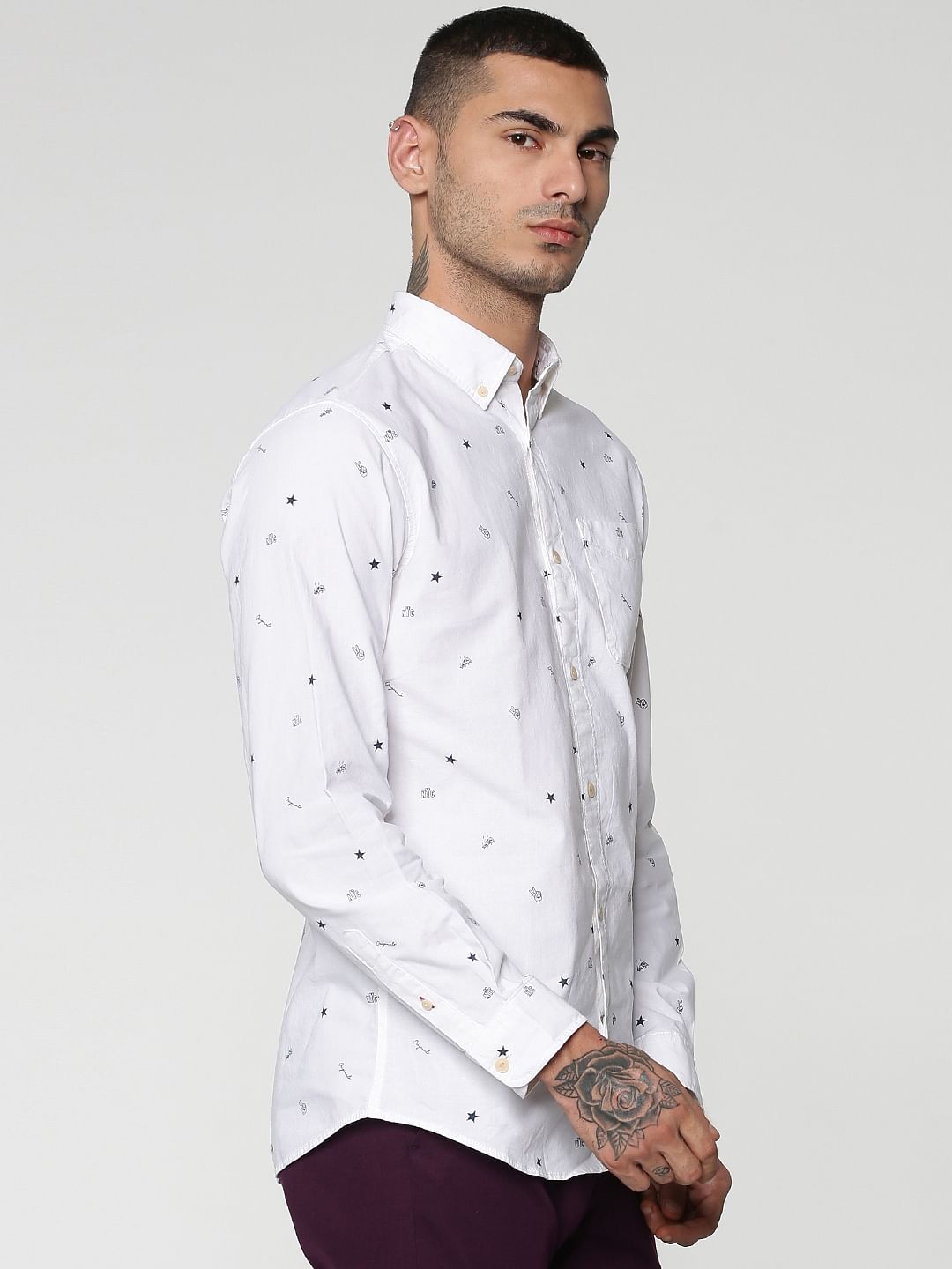 White All Over Print Full Sleeves Slim Fit Shirt