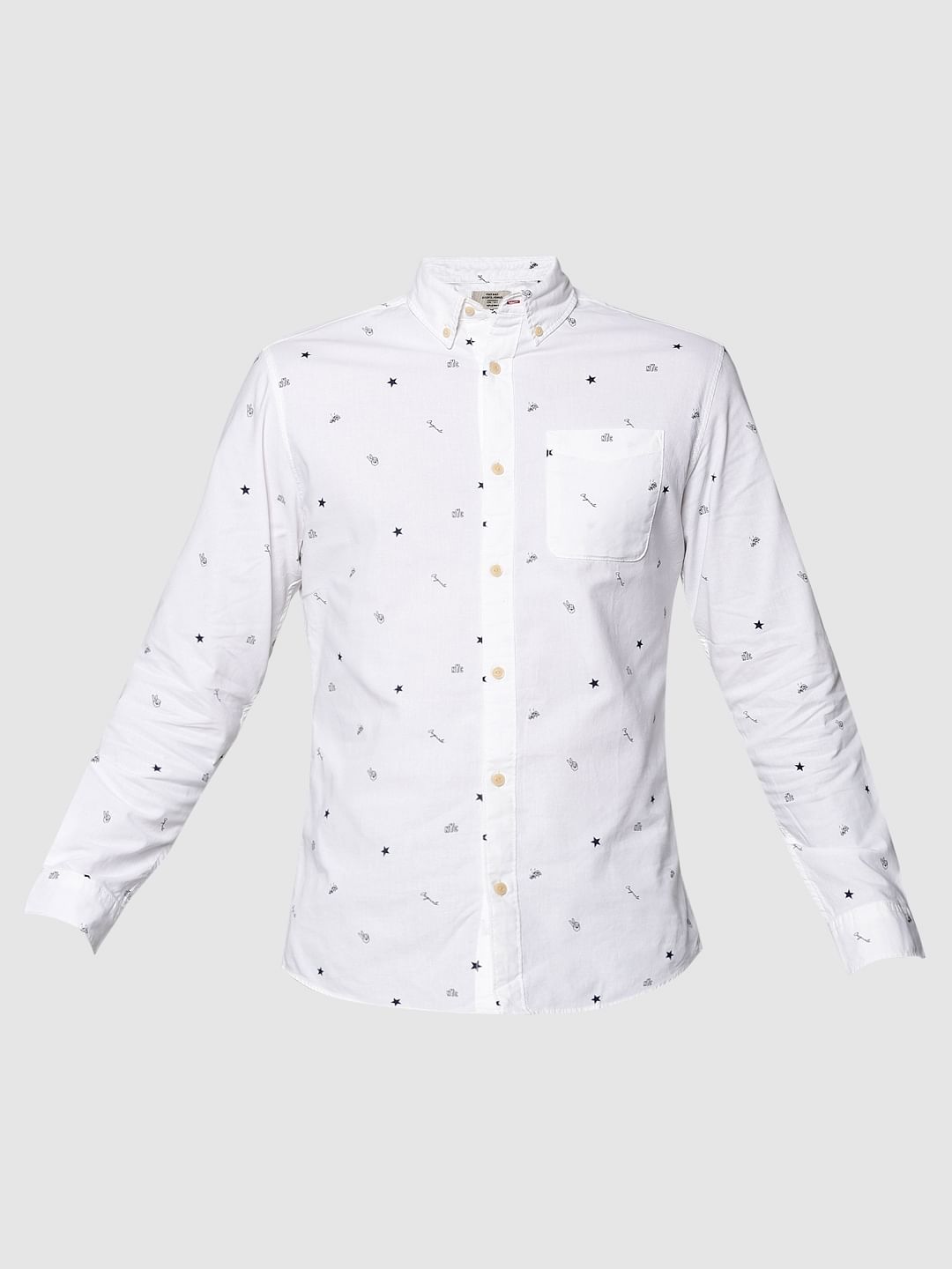 White All Over Print Full Sleeves Slim Fit Shirt