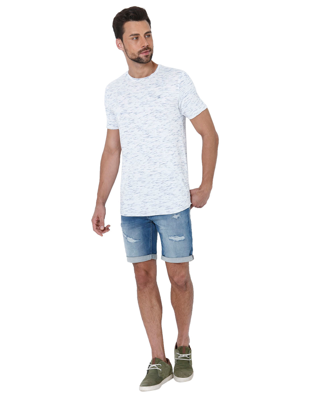 White Self Design Crew Neck T-Shirt