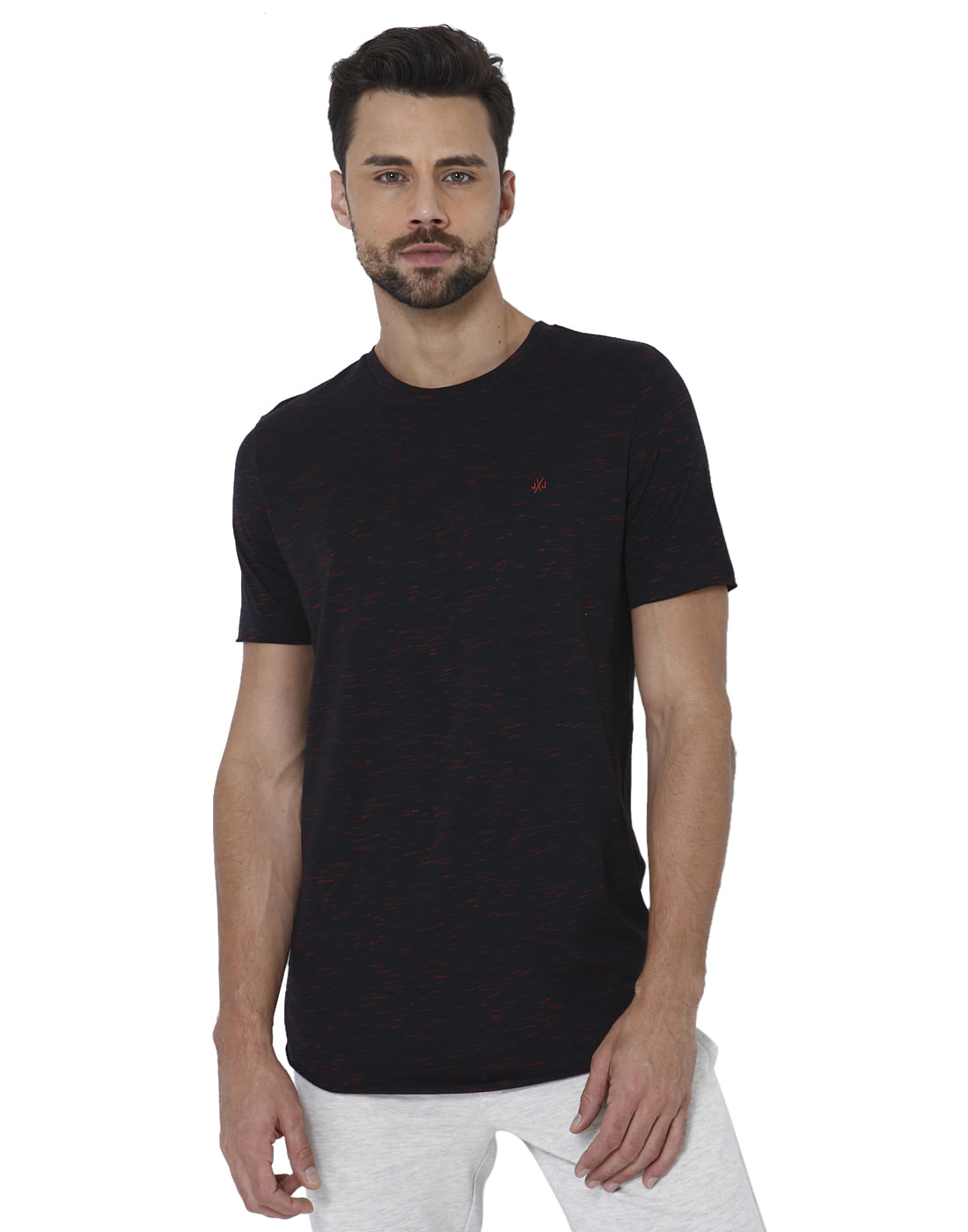 Black Self Design Crew Neck T-Shirt