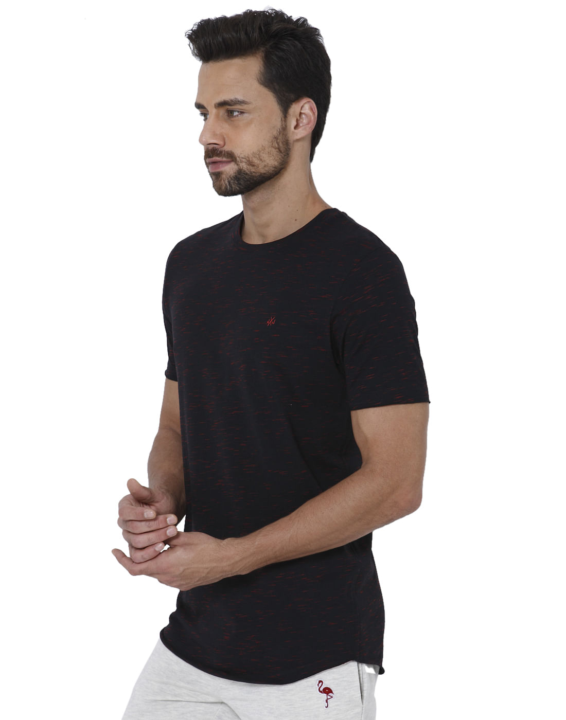 Black Self Design Crew Neck T-Shirt