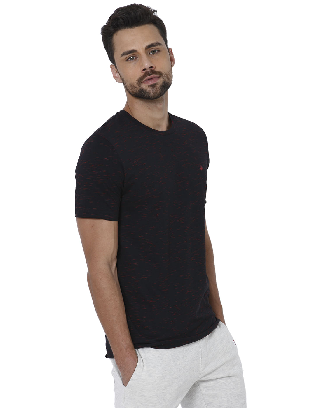 Black Self Design Crew Neck T-Shirt