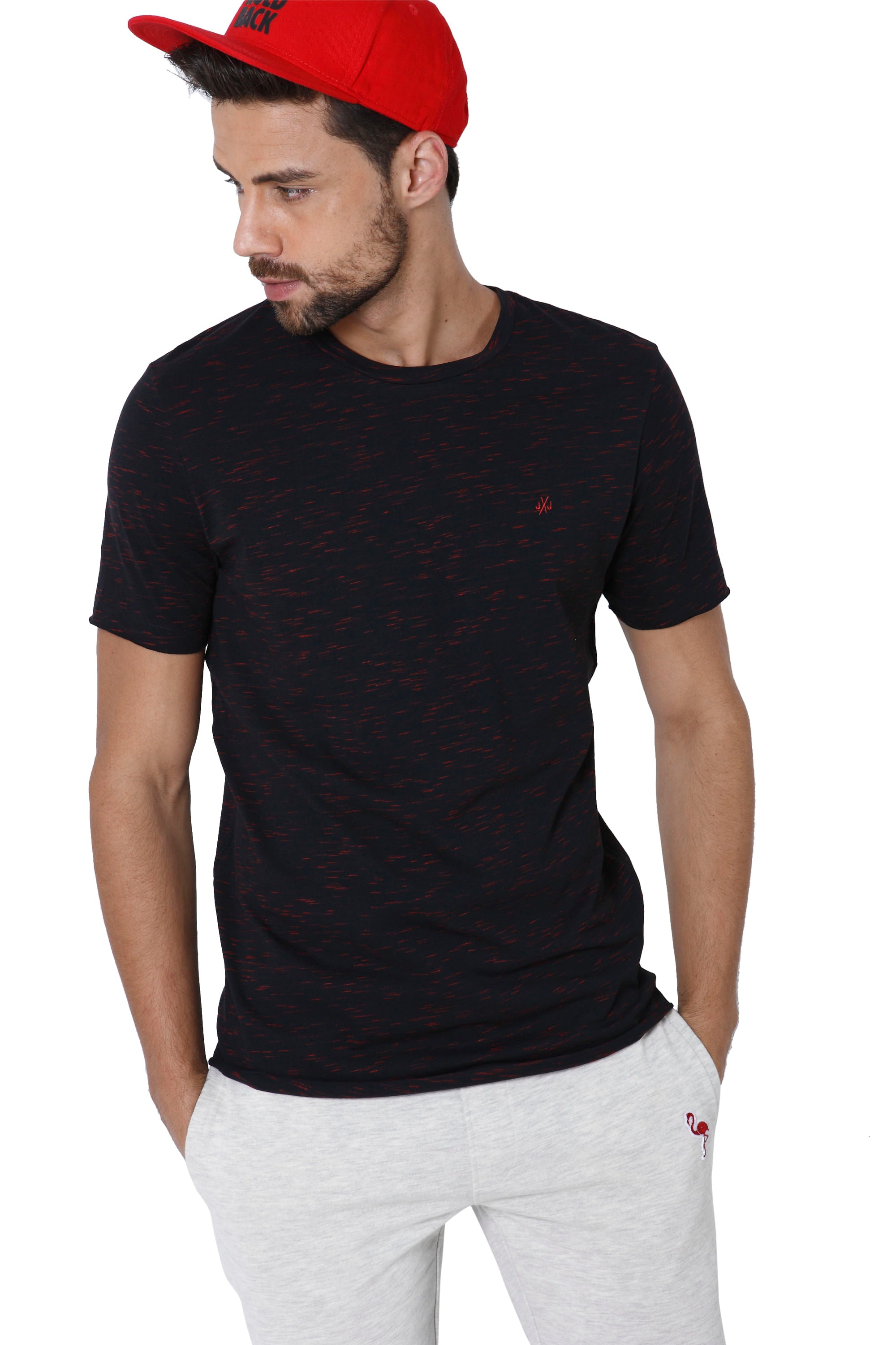 Black Self Design Crew Neck T-Shirt