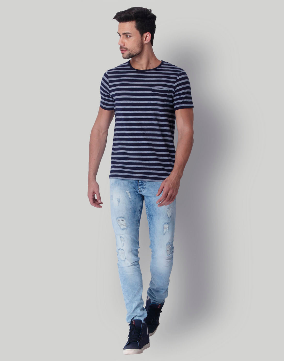 Blue Striped Crew Neck T-Shirt
