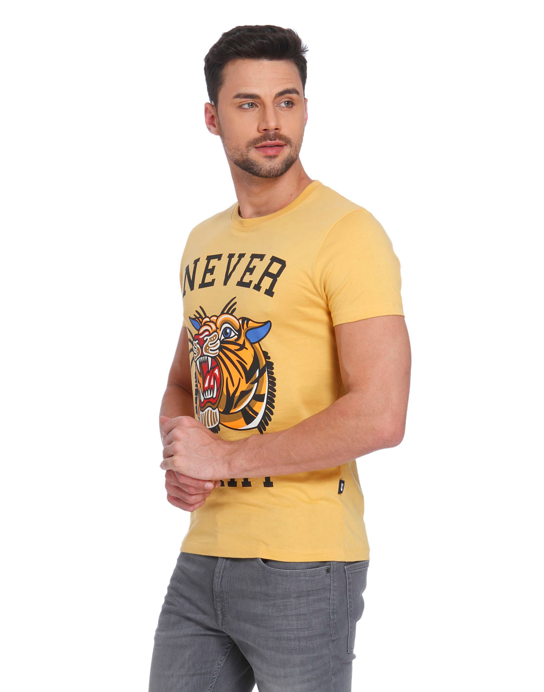 Yellow Tiger Print Crew Neck T-Shirt