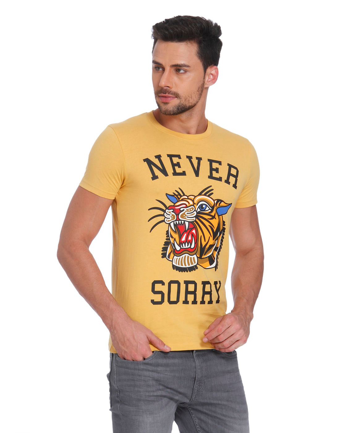 Yellow Tiger Print Crew Neck T-Shirt