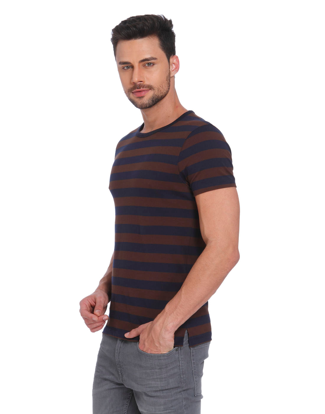 Dark Blue & Brown Striped Crew Neck T-Shirt