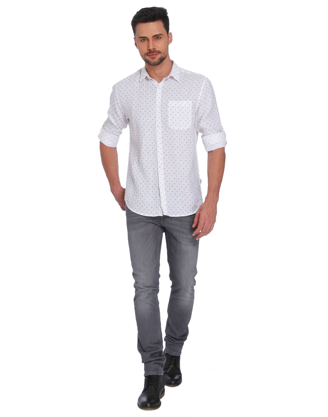White All Over Print Linen Shirt