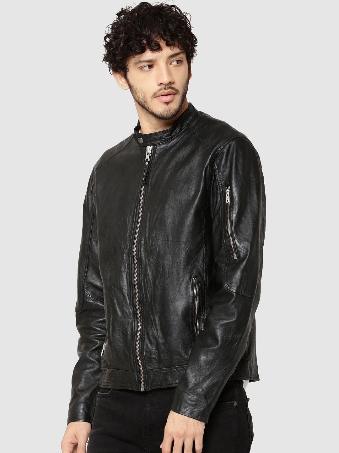 Black Leather Zip Detail Jacket