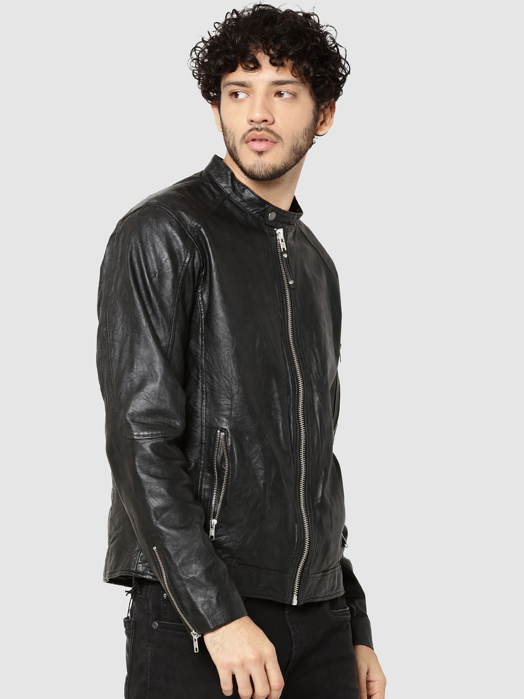 Black Leather Zip Detail Jacket