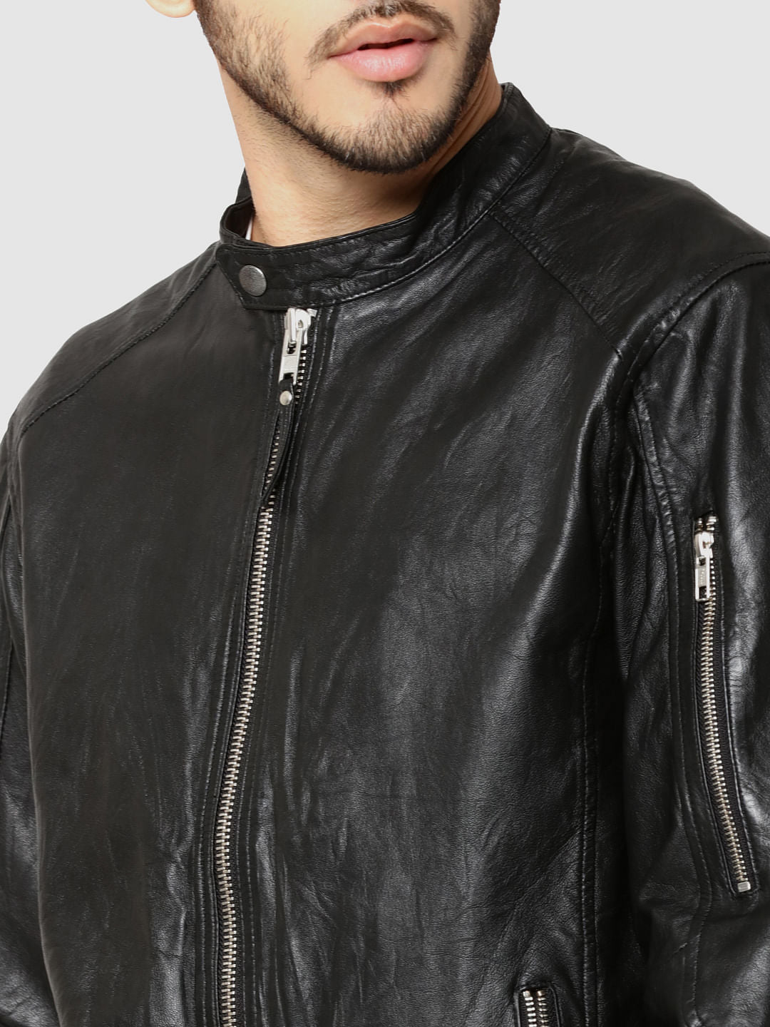 Black Leather Zip Detail Jacket