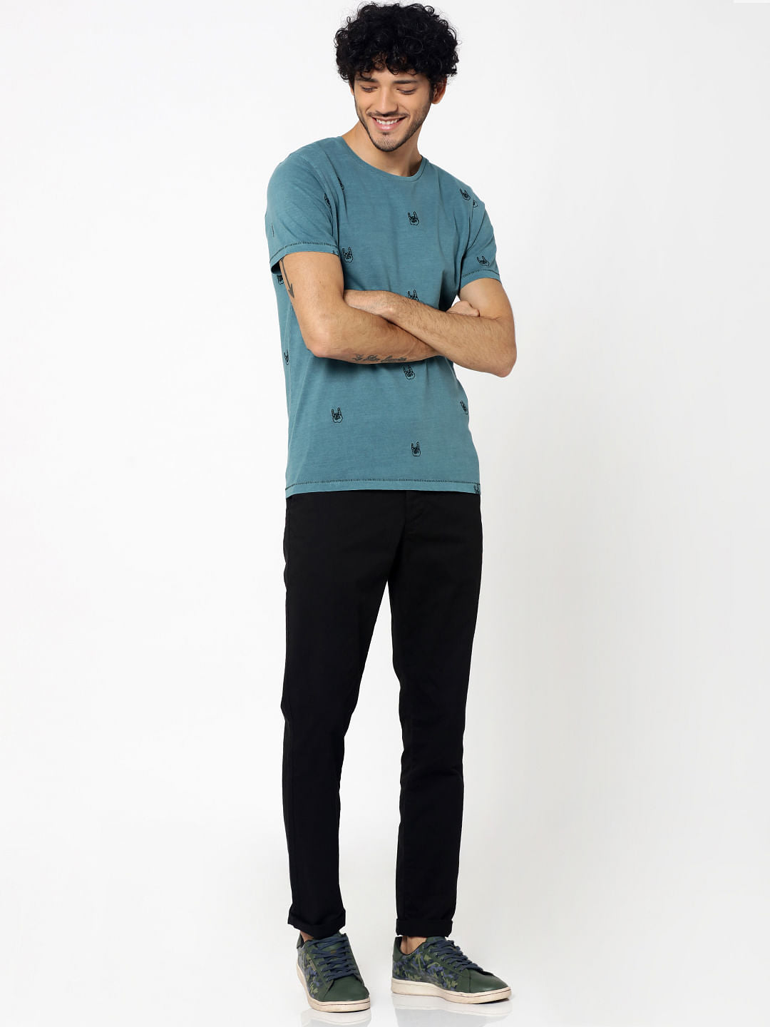 Green Motif Embroidery Crew Neck T-Shirt