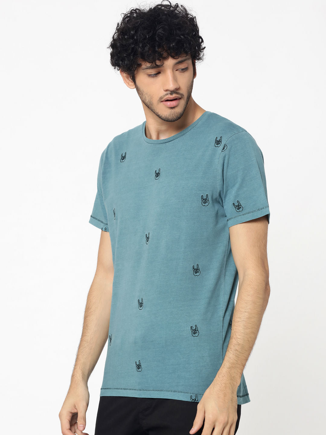 Green Motif Embroidery Crew Neck T-Shirt