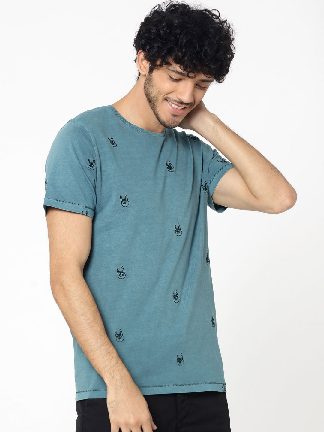 Green Motif Embroidery Crew Neck T-Shirt