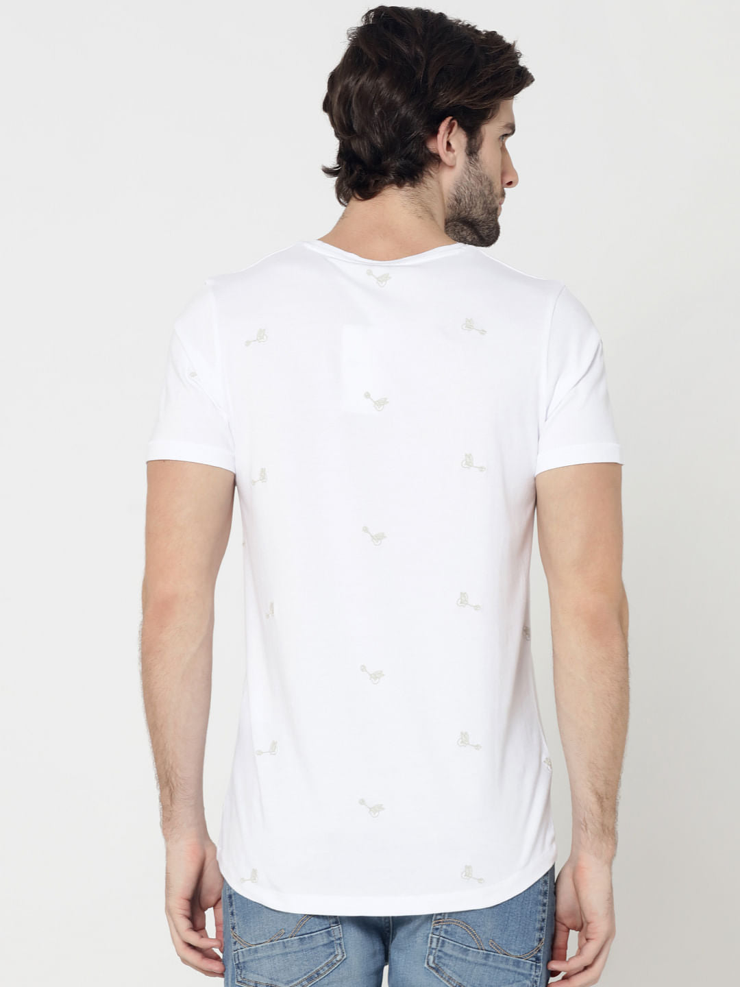 White Motif Printed Crew Neck T-Shirt