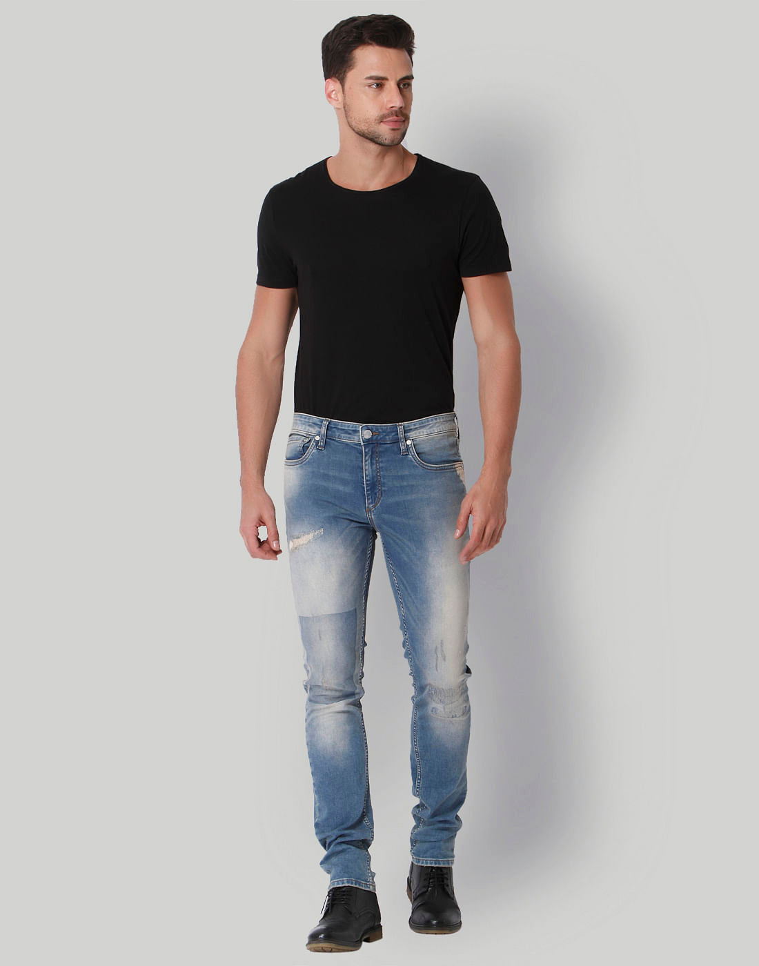 Light Blue Distressed Low Rise Slim Fit Jeans