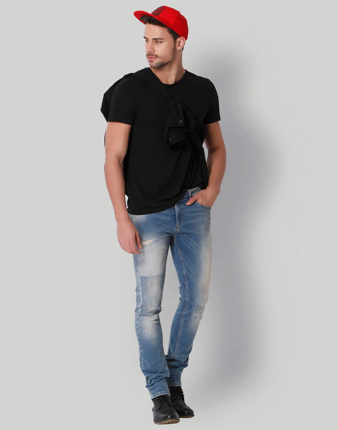 Light Blue Distressed Low Rise Slim Fit Jeans