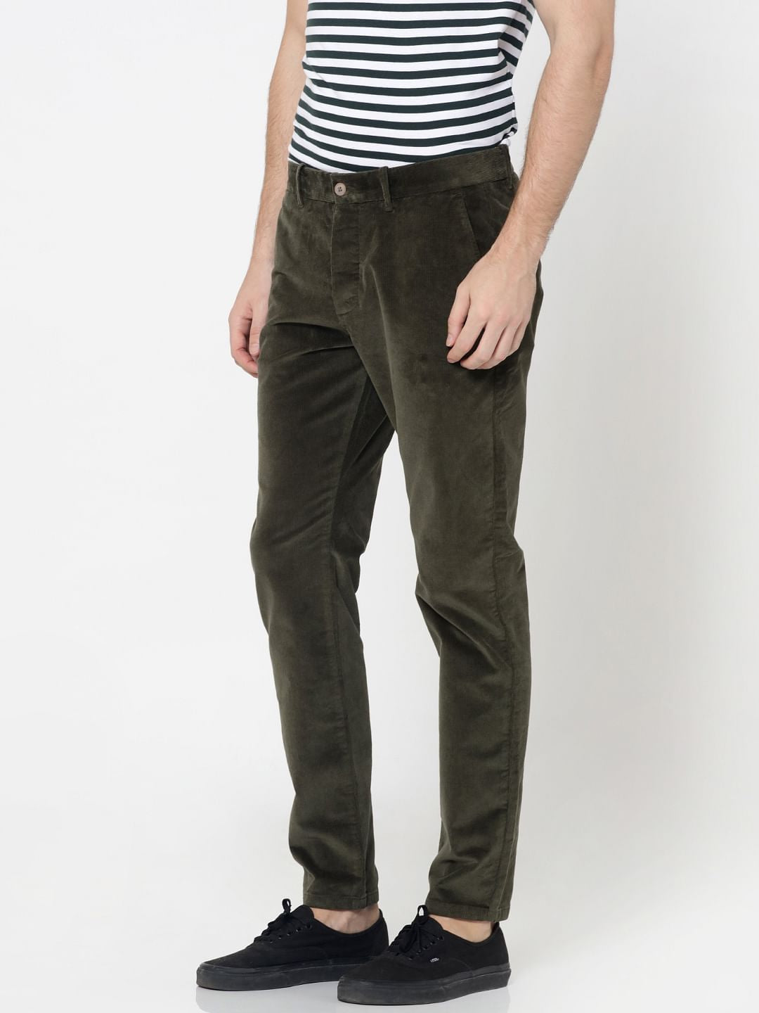 Green Mid Rise Slim Fit Corduroy Pants