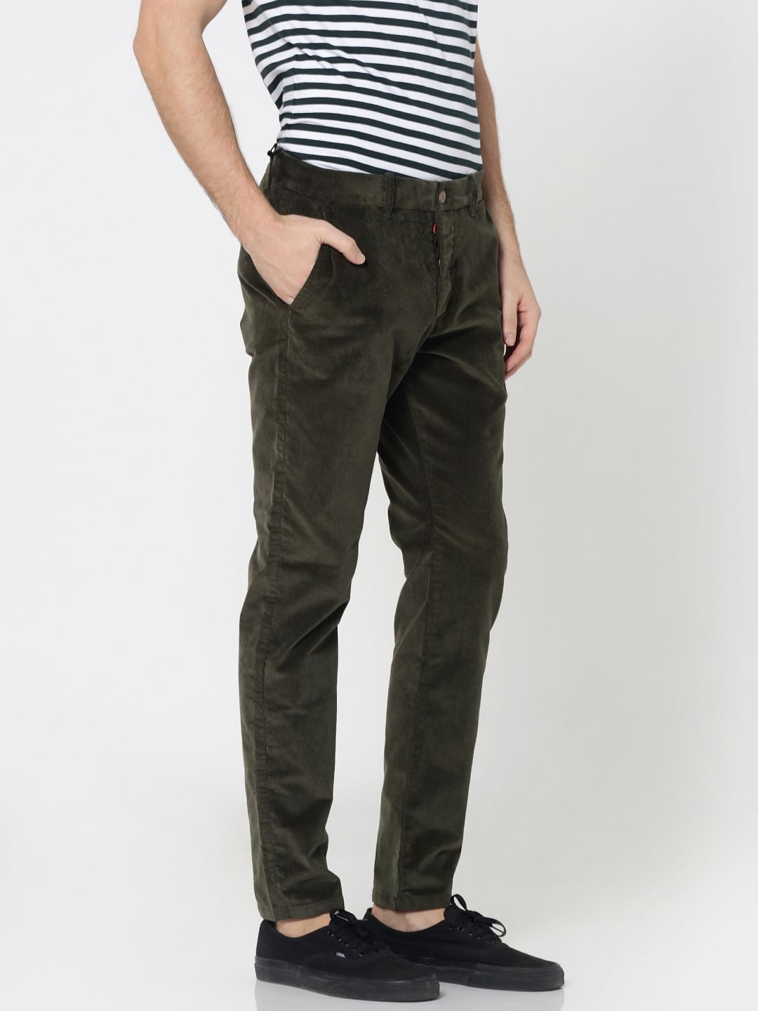 Green Mid Rise Slim Fit Corduroy Pants