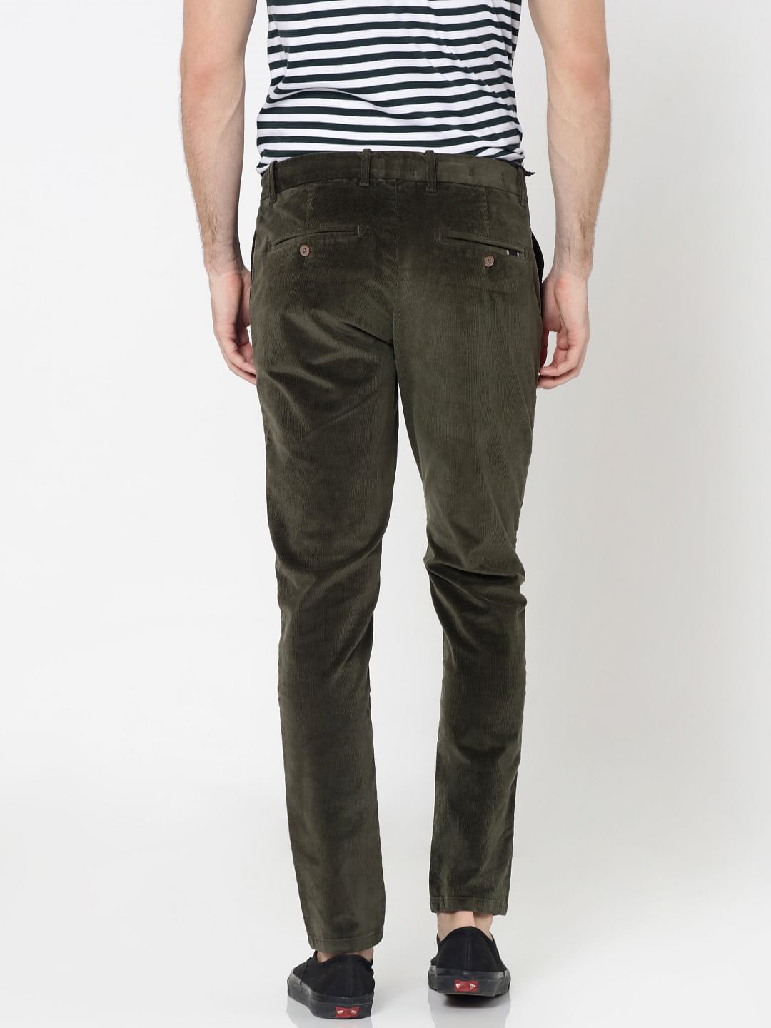 Green Mid Rise Slim Fit Corduroy Pants