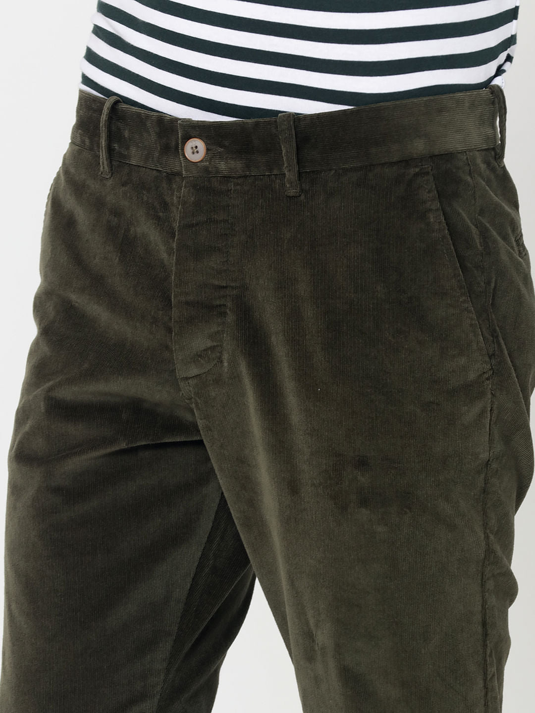 Green Mid Rise Slim Fit Corduroy Pants
