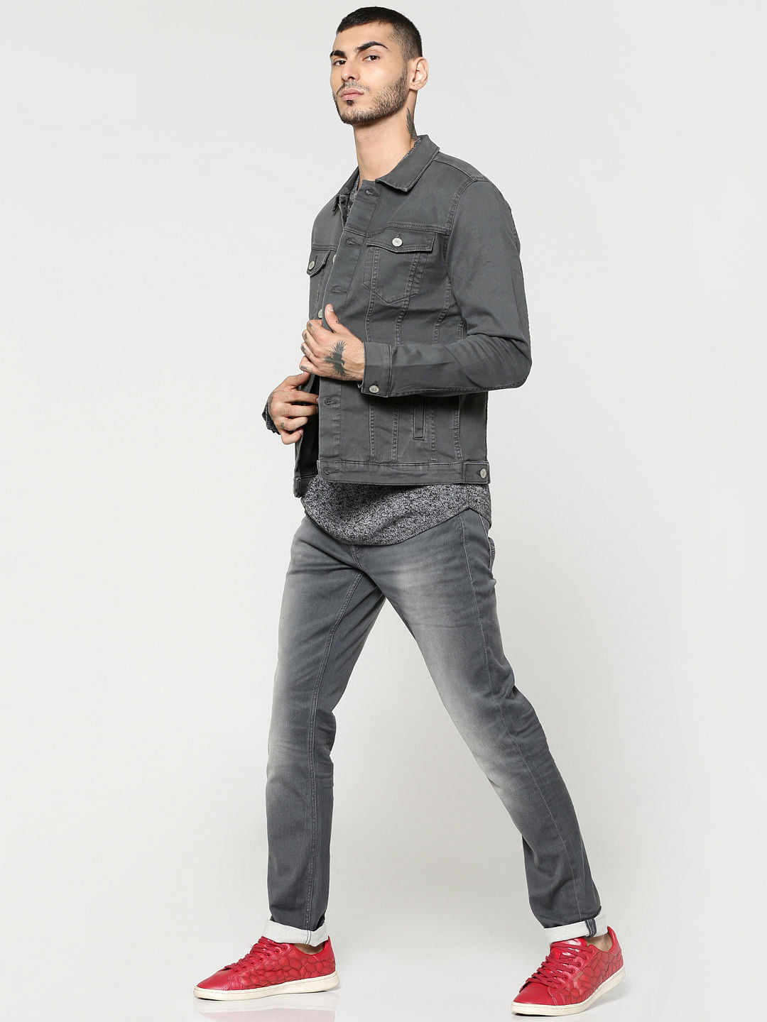 Grey Front Pocket Textured Crew Neck Sweater