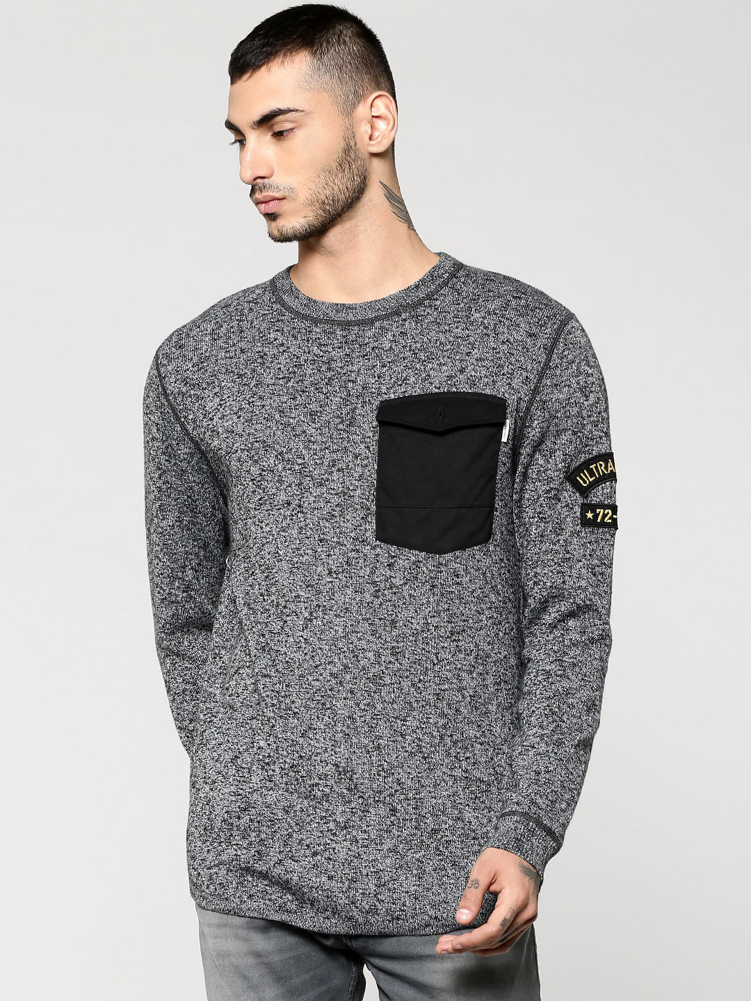 Grey Front Pocket Textured Crew Neck Sweater