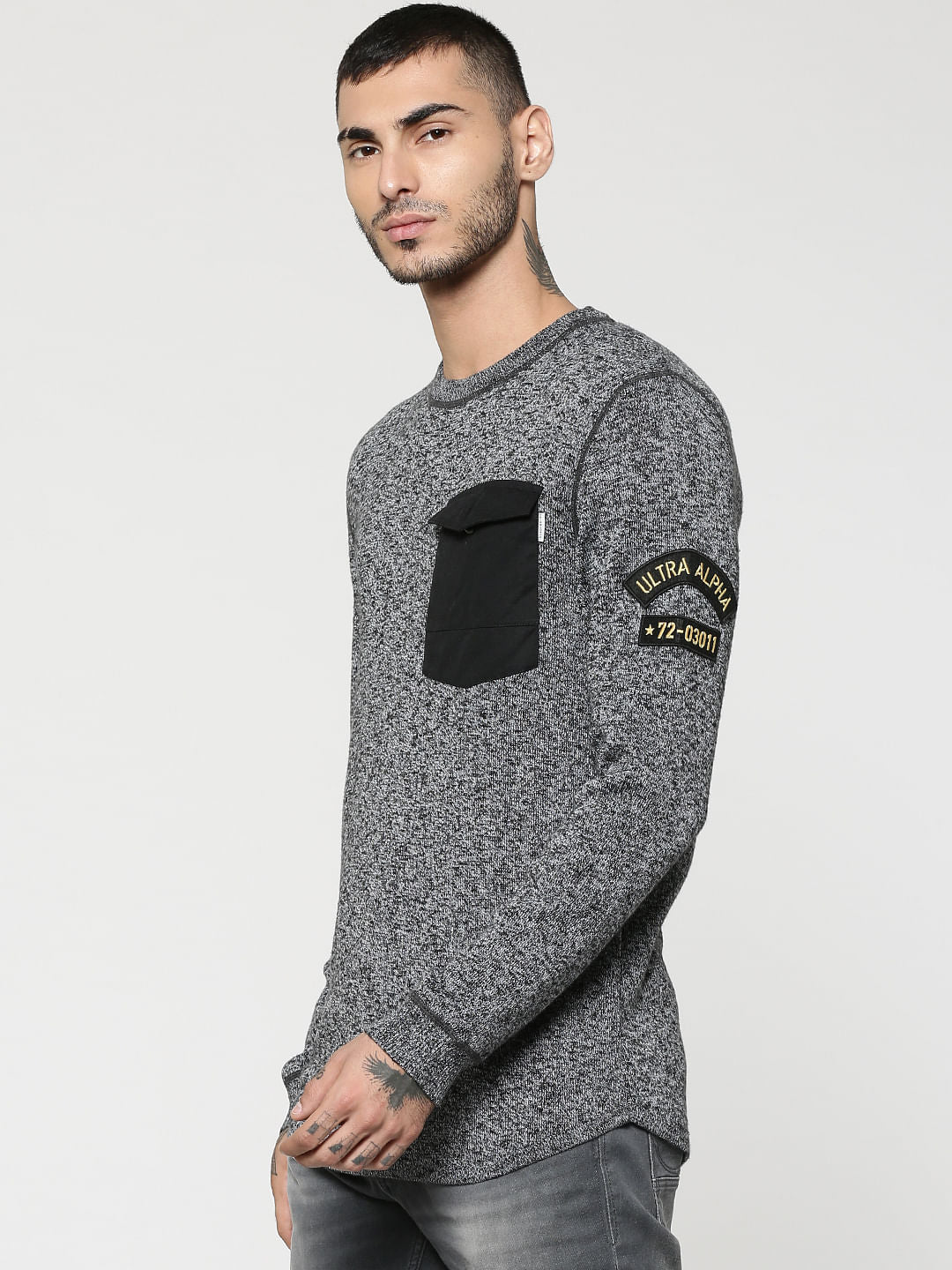 Grey Front Pocket Textured Crew Neck Sweater