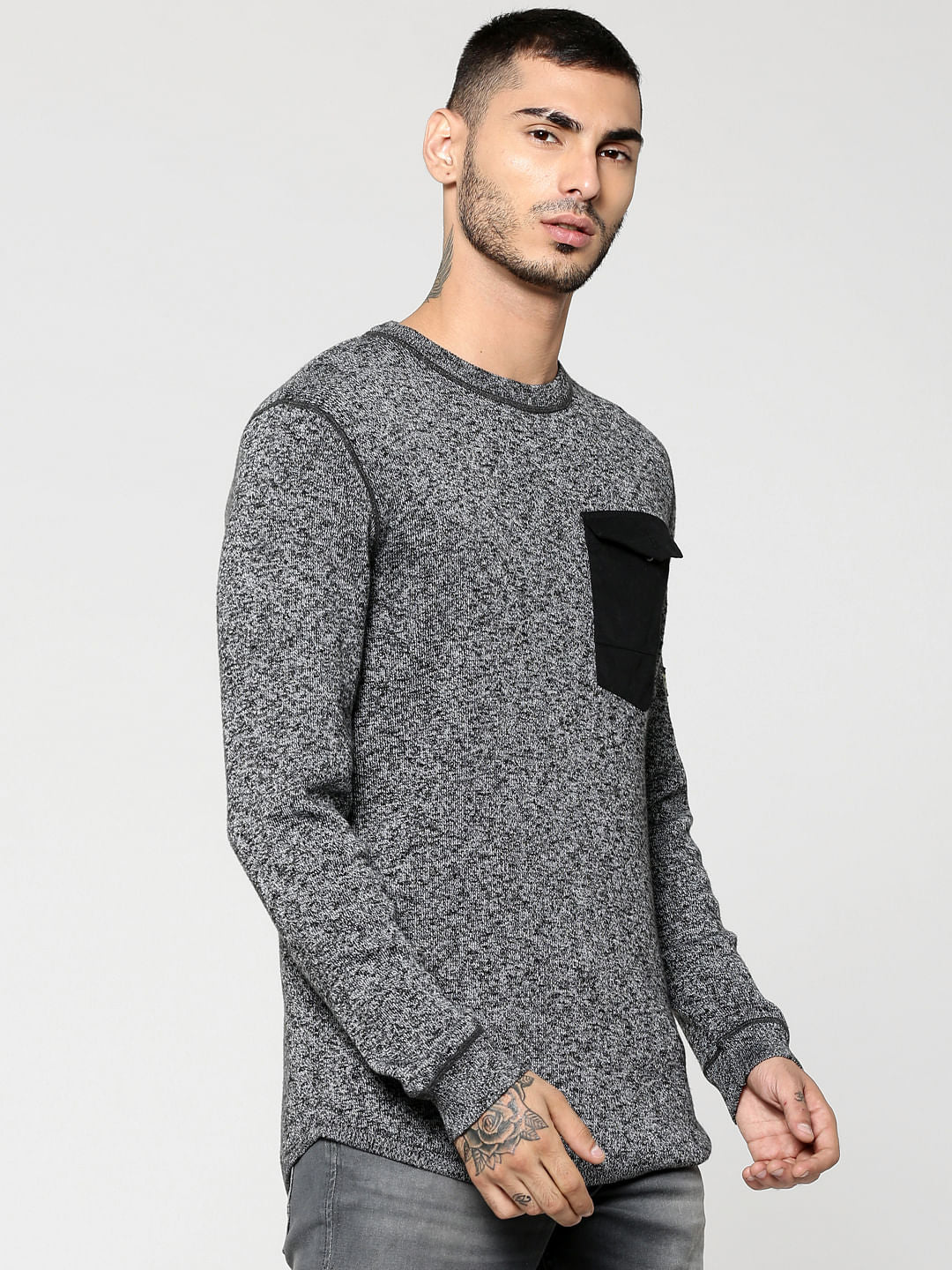 Grey Front Pocket Textured Crew Neck Sweater