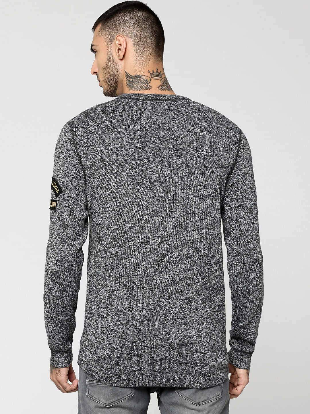 Grey Front Pocket Textured Crew Neck Sweater