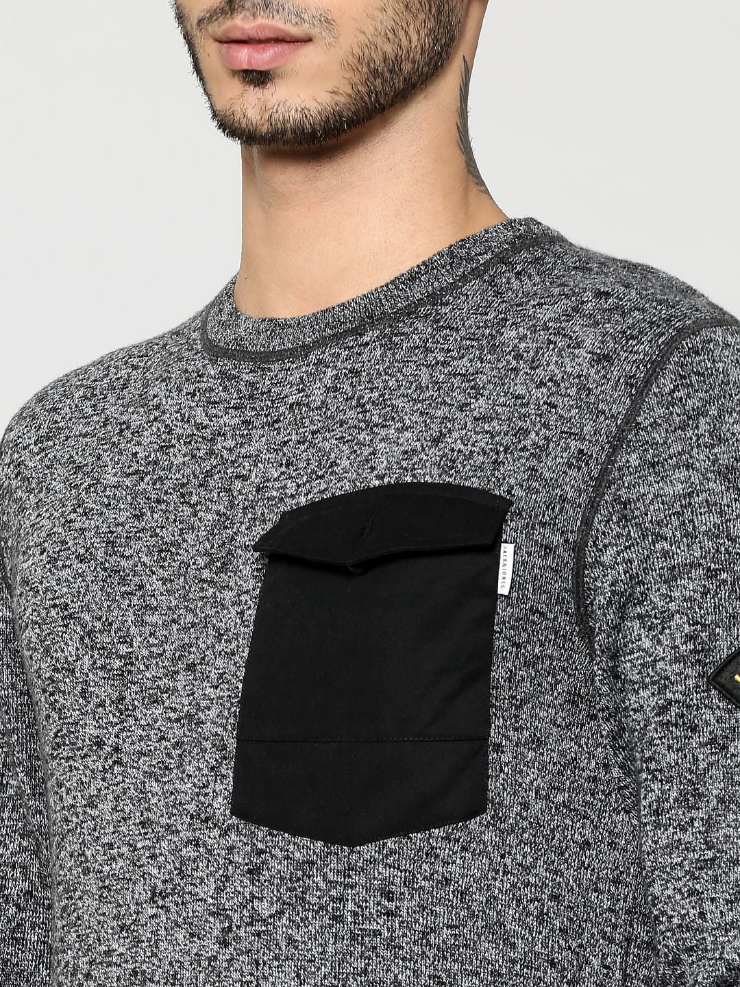 Grey Front Pocket Textured Crew Neck Sweater