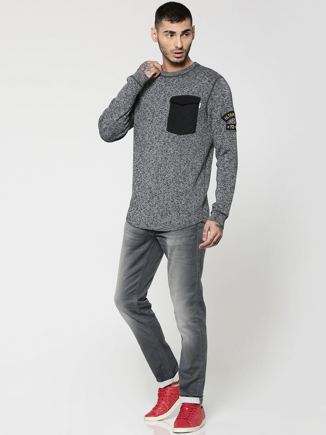 Grey Front Pocket Textured Crew Neck Sweater