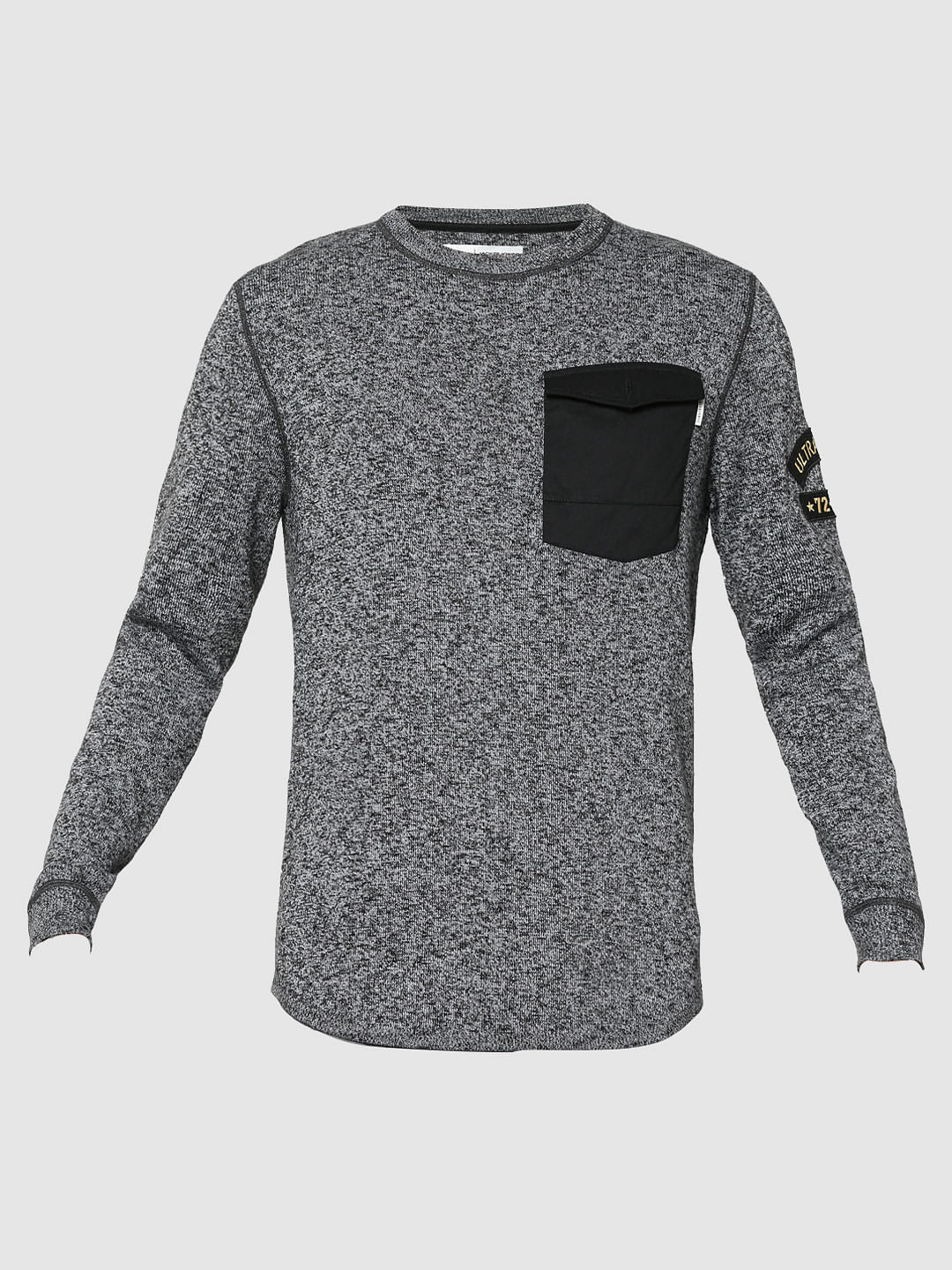 Grey Front Pocket Textured Crew Neck Sweater