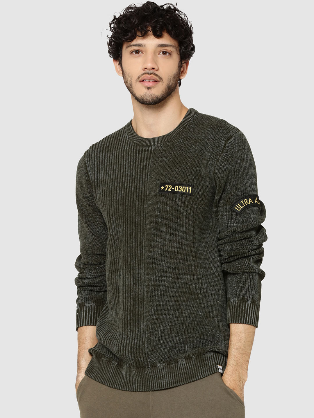 Olive Green Ribbed Badge Detail Sweater